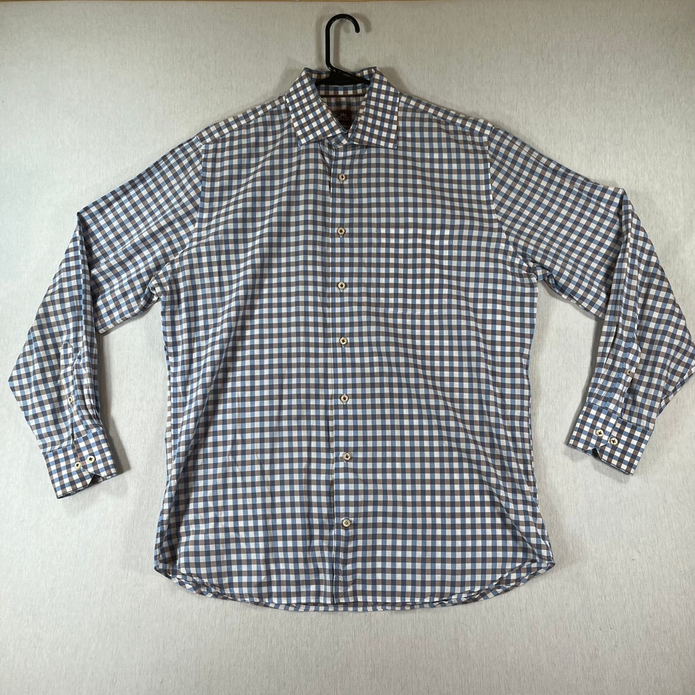 Peter Millar Shirt Mens L Gingham Check Button Down Blue Brown Cotton LS Preppy